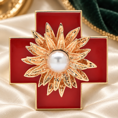 Baroque Enamel Cross with Pearl-Look Flower Brooch — styled background