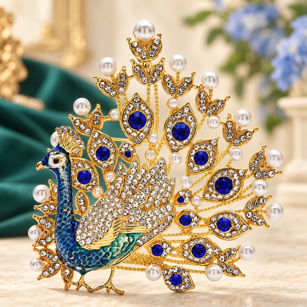 Jeweled Peacock with Pearl-Look Tail Brooch — styled background