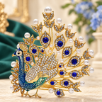 Jeweled Peacock with Pearl-Look Tail Brooch — styled background