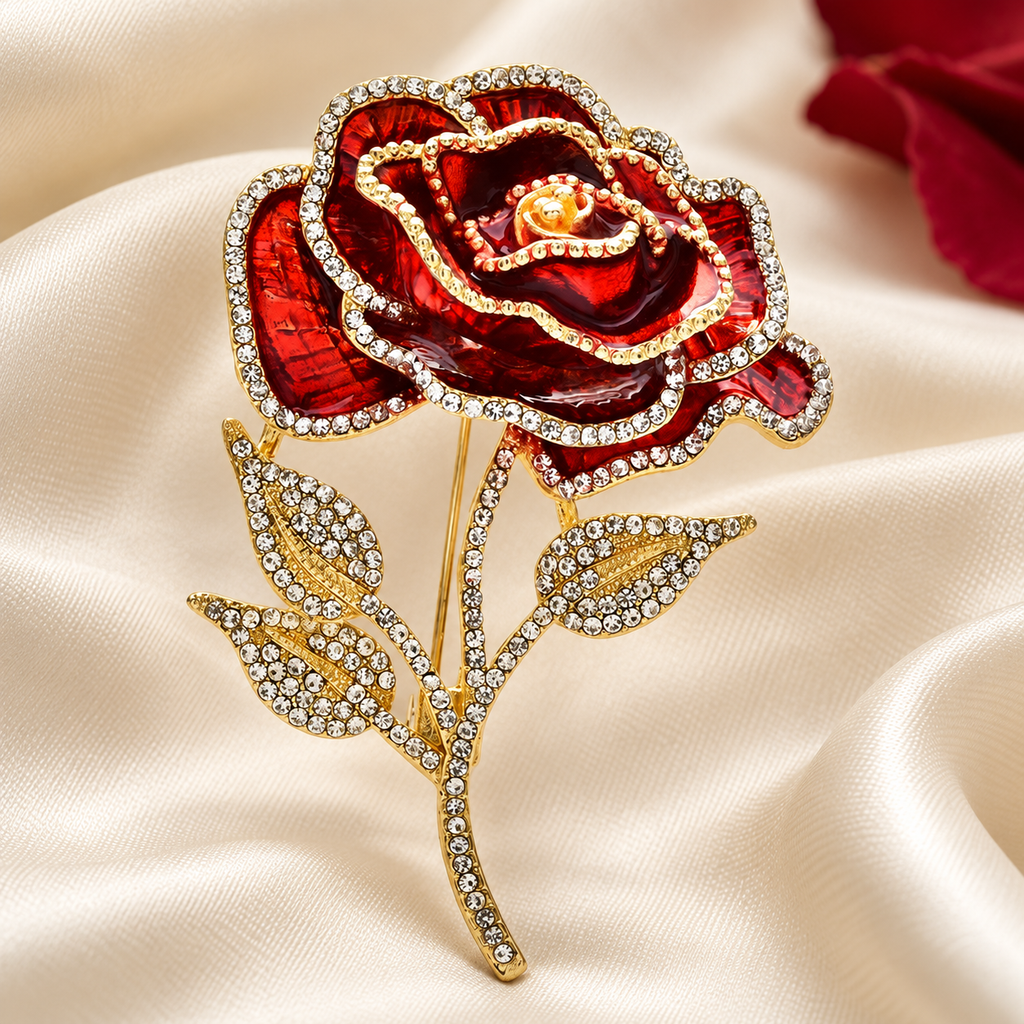 Red Enamel Rose with Rhinestone Stem Brooch — styled background
