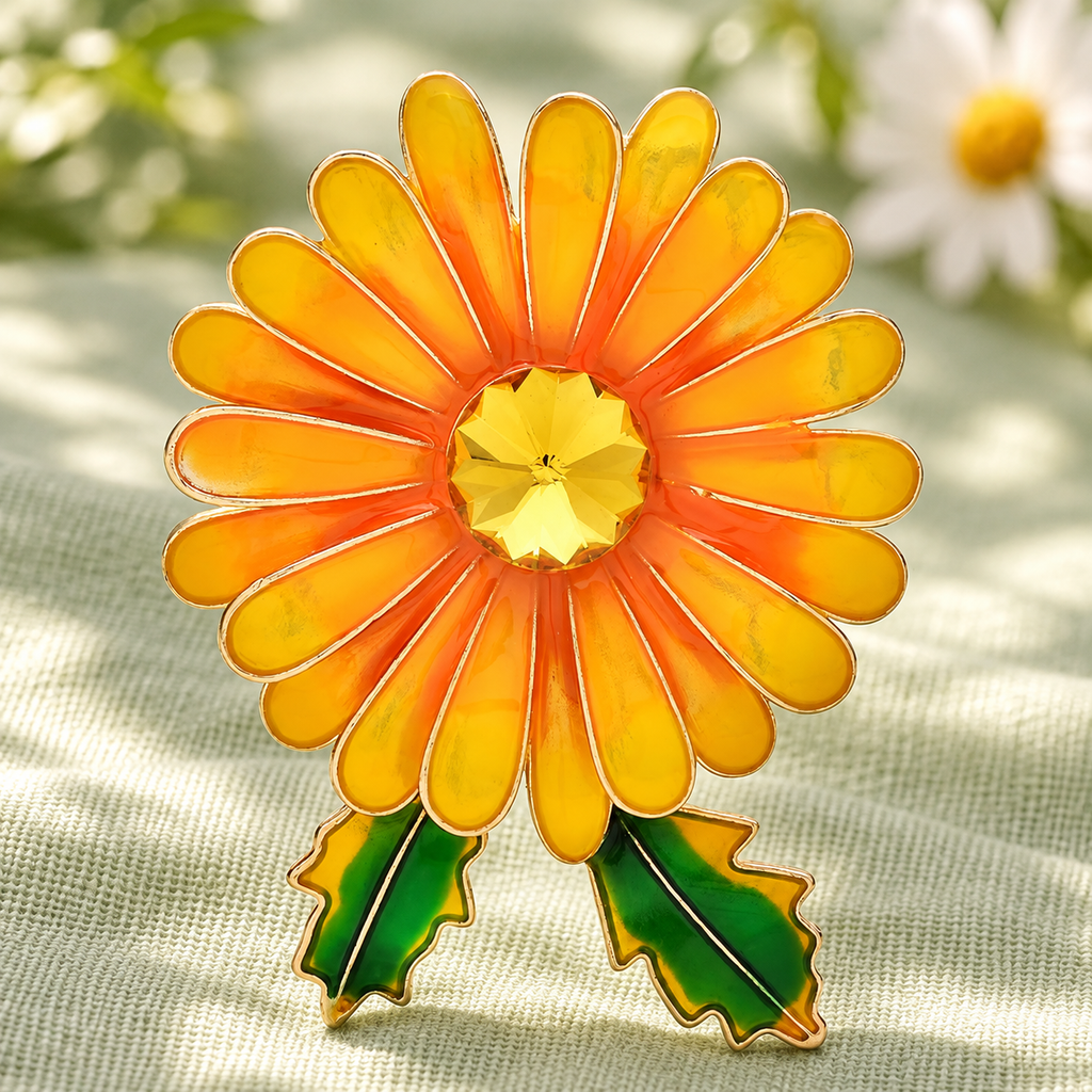 Enamel Daisy with Leaves Brooch — styled background