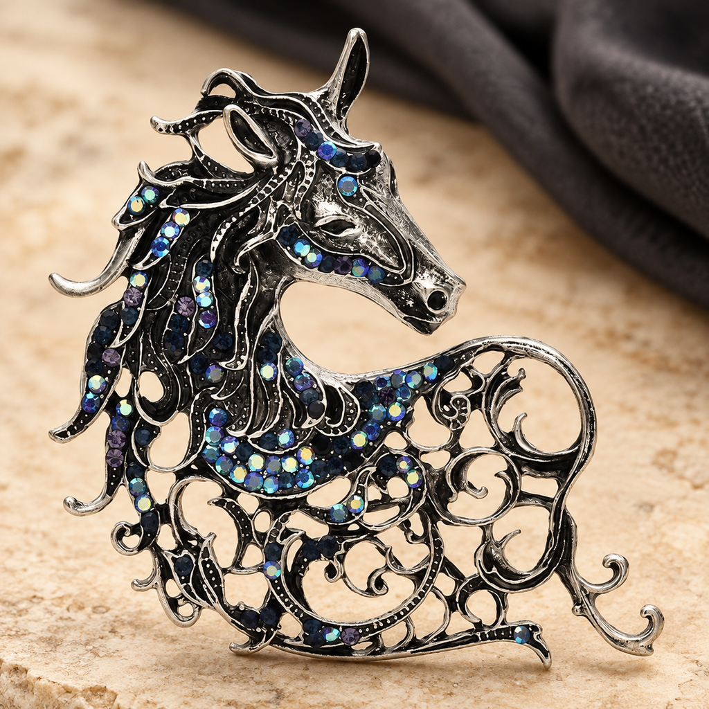 Vintage-Style Openwork Horse with Rhinestones Brooch — styled background