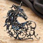Vintage-Style Openwork Horse with Rhinestones Brooch — styled background