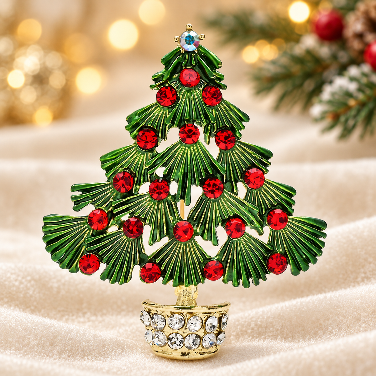 Enamel Christmas Tree in Jeweled Pot Brooch — styled background