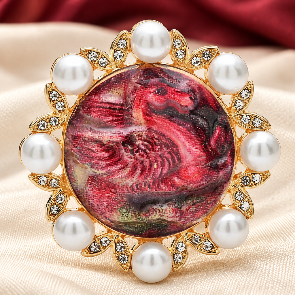 Running Horse Medallion with Pearl-Look Border Brooch — styled background
