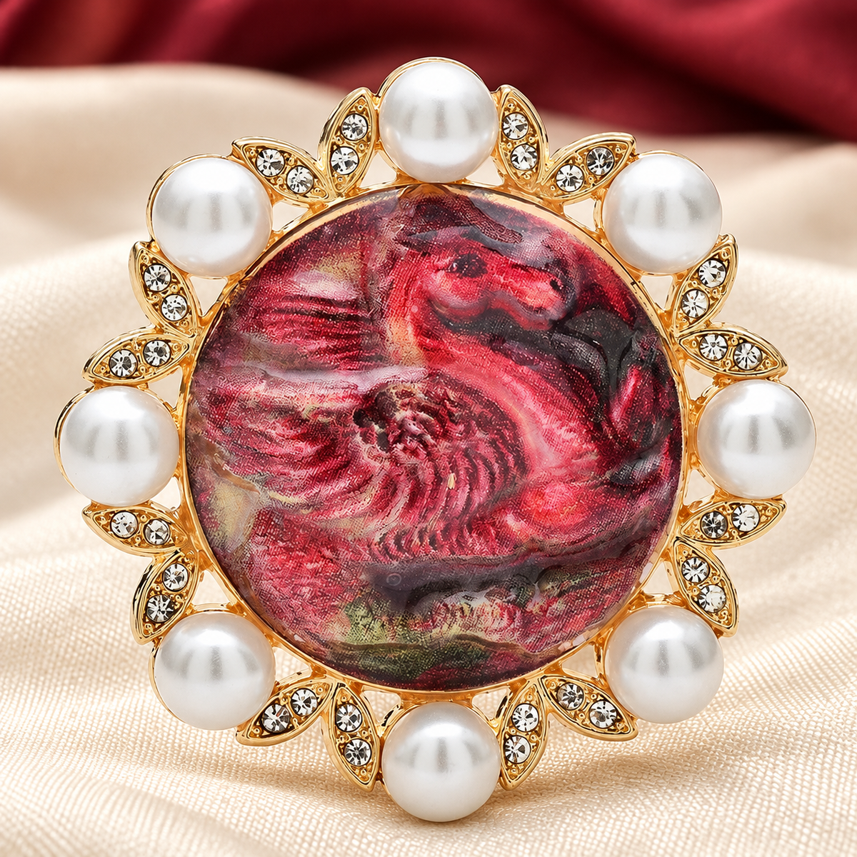 Running Horse Medallion with Pearl-Look Border Brooch — styled background