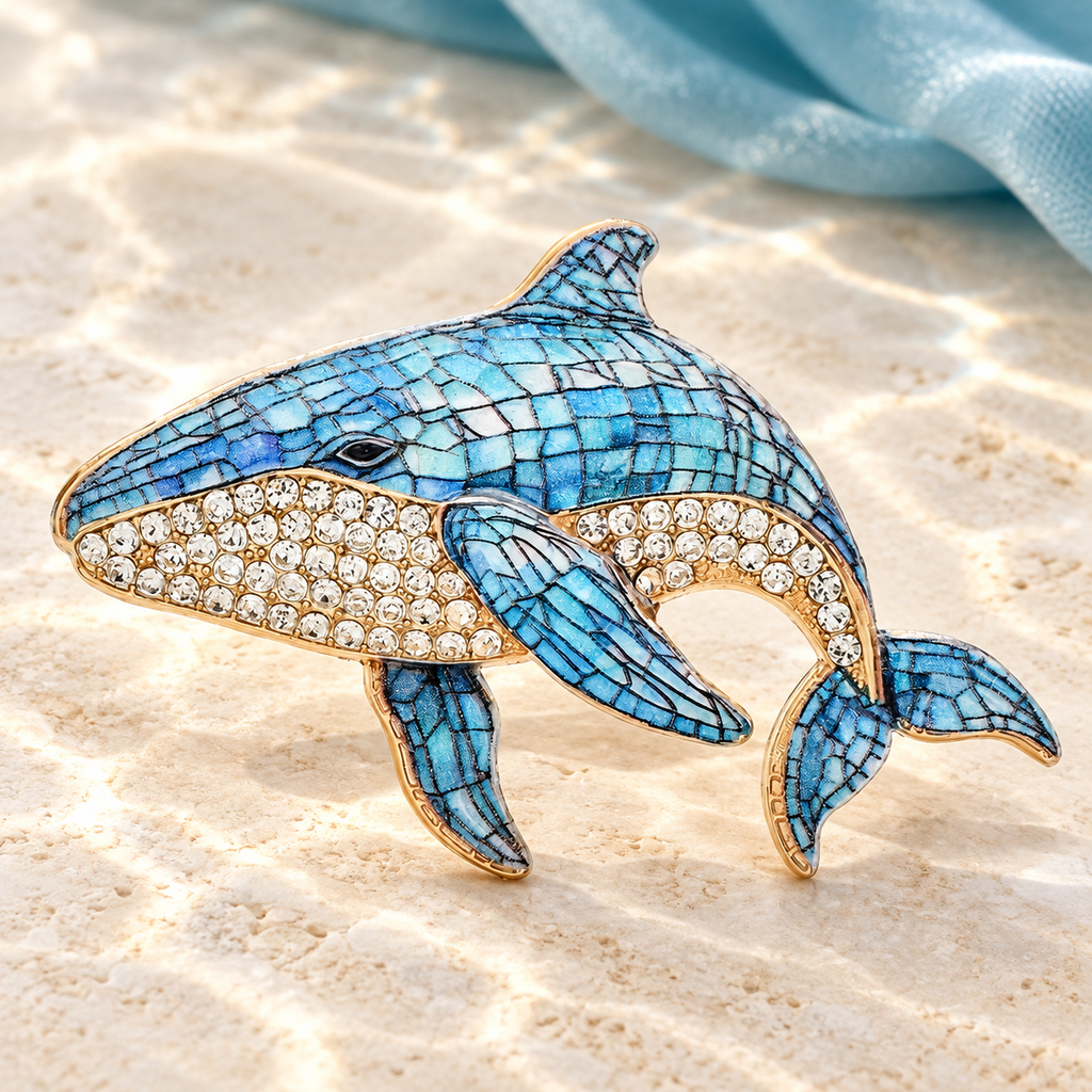 Rhinestone Orca Whale Brooch — styled background