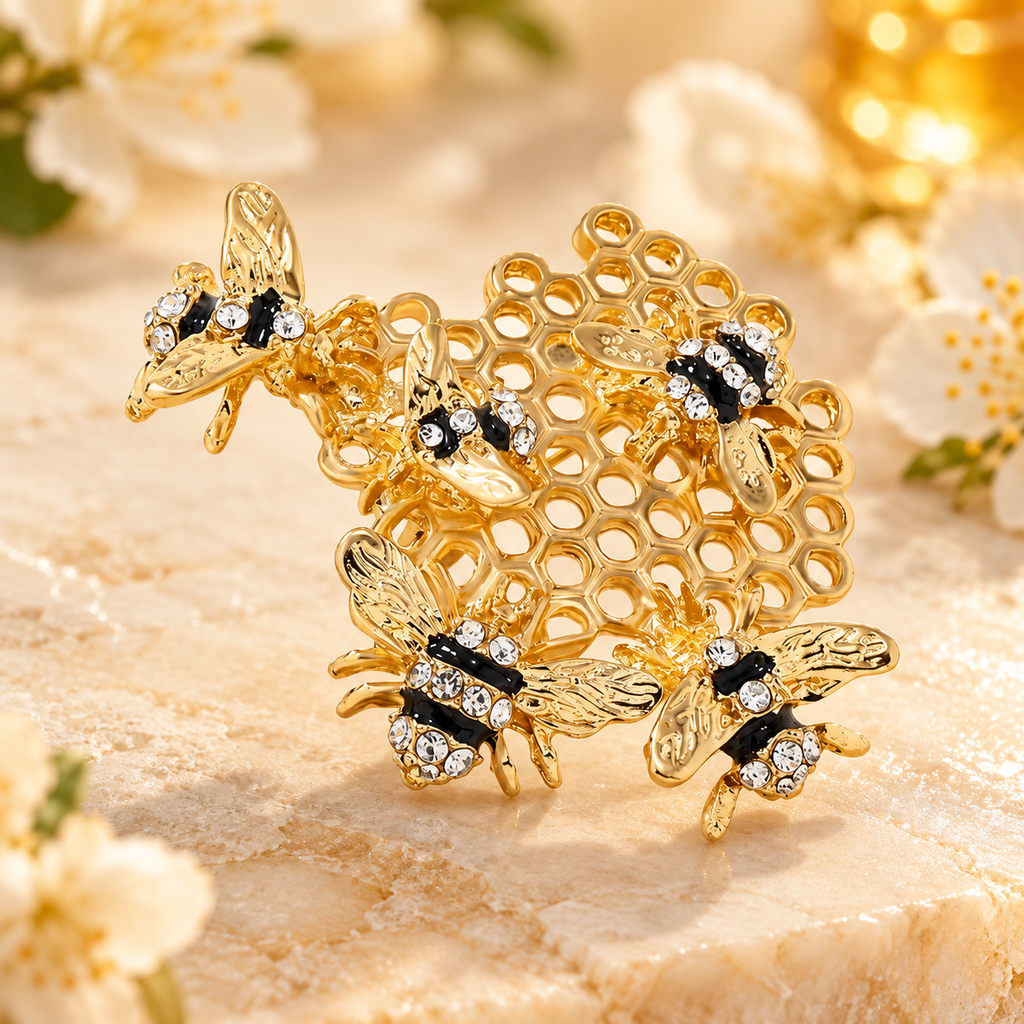 Honeycomb with Enamel Bees Brooch — styled background
