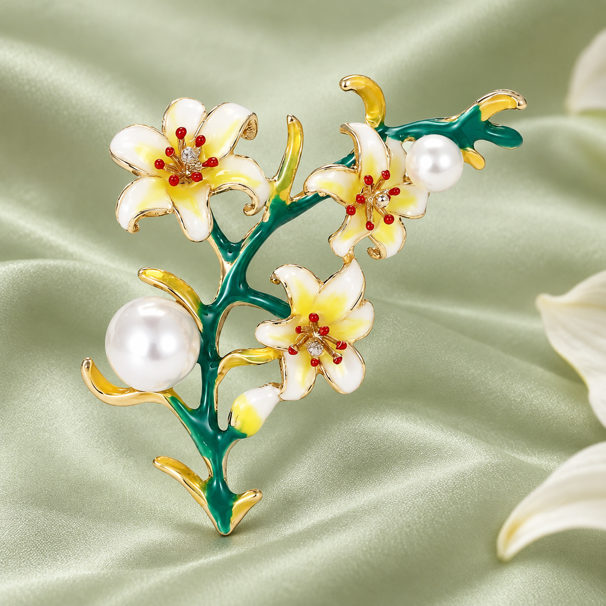White Enamel Lily Flower Spray Brooch — styled background