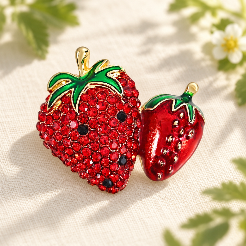 Jeweled Strawberry Duo Brooch — styled background