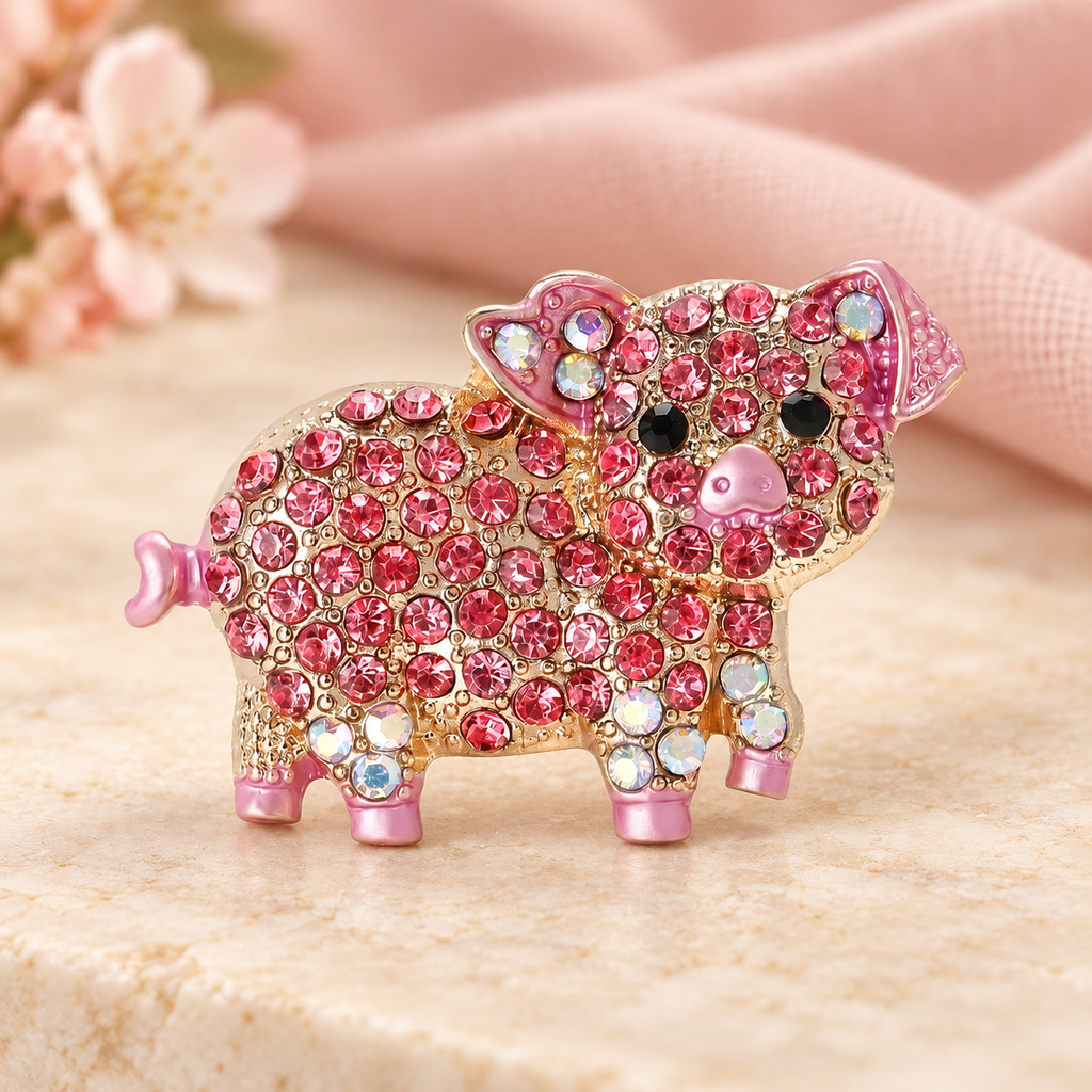 Pink Rhinestone Pig Brooch — styled background