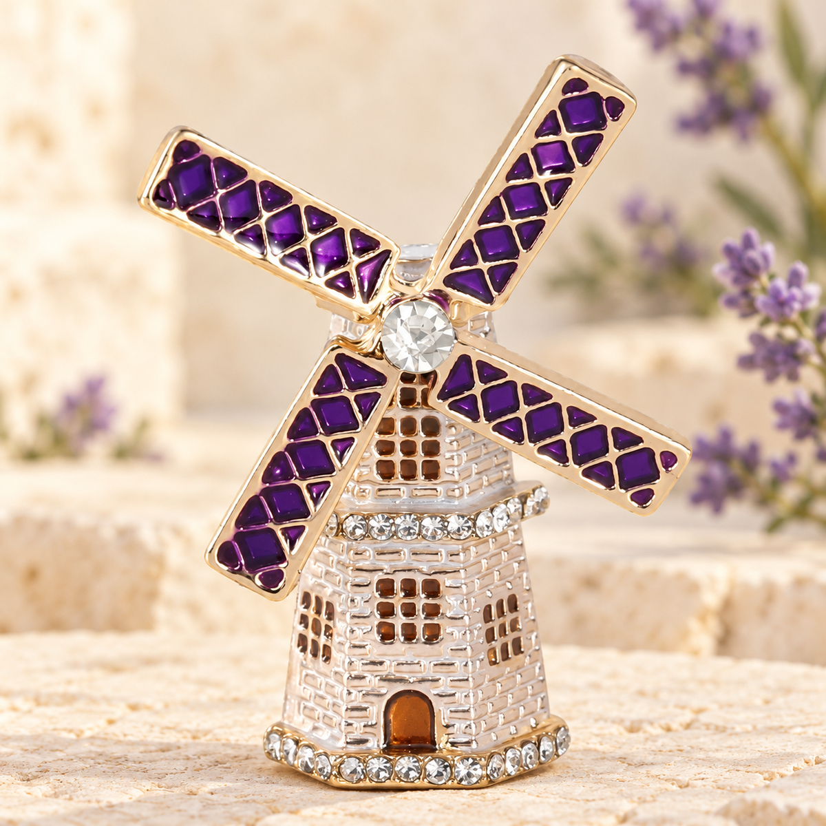 Rhinestone Windmill Cottage Brooch — styled background