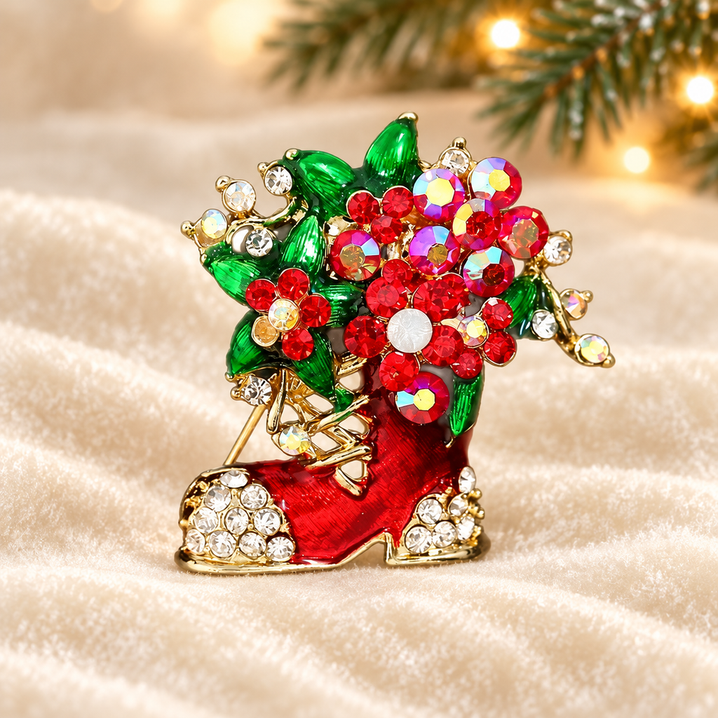 Jeweled Christmas Boot with Flowers Brooch — styled background