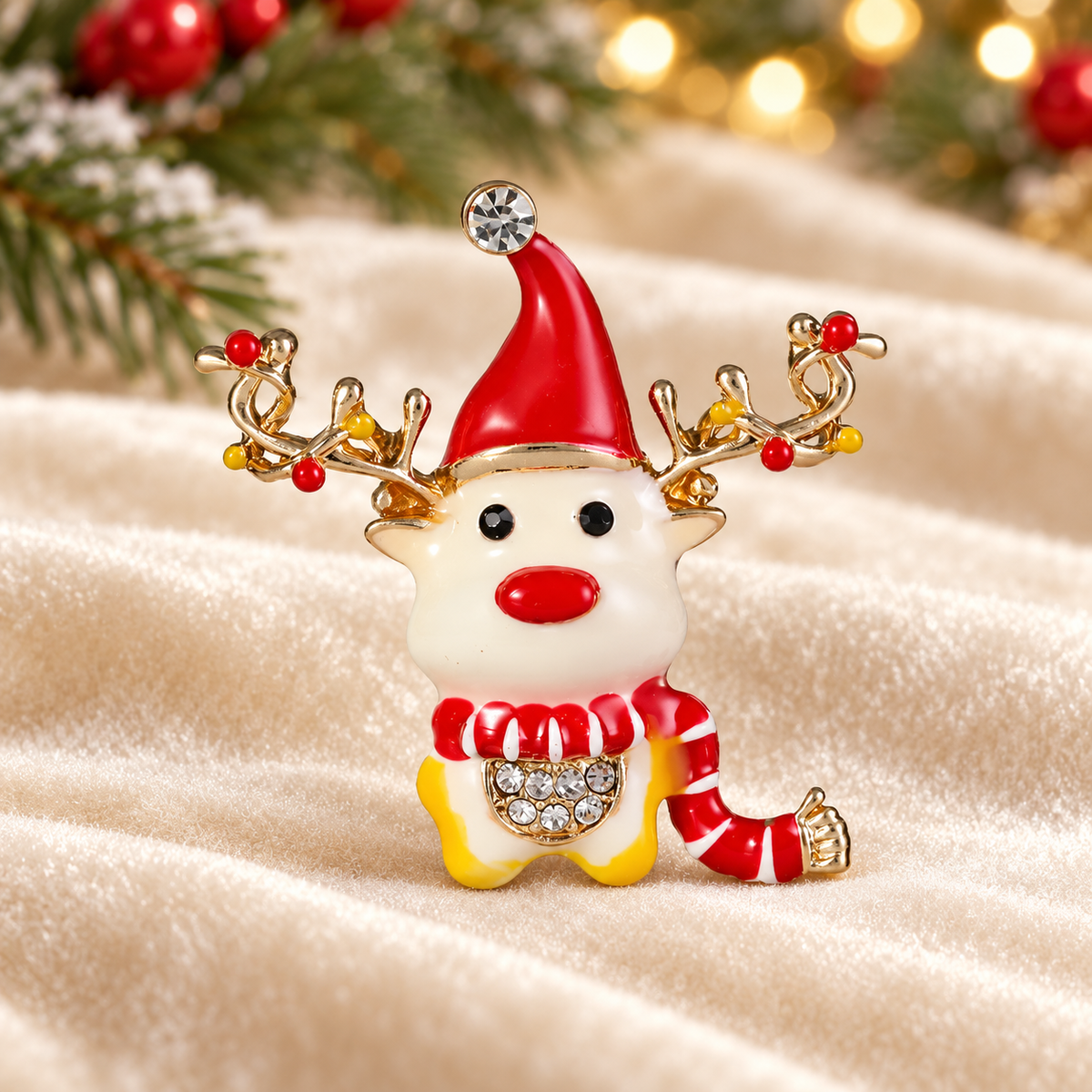 Enamel Christmas Reindeer with Scarf Brooch — styled background