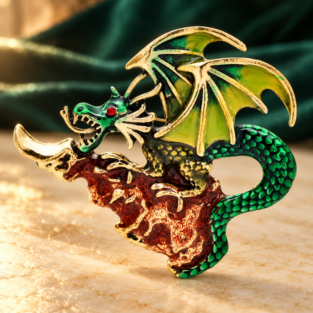 Enamel Dragon with Jeweled Wings Brooch — styled background
