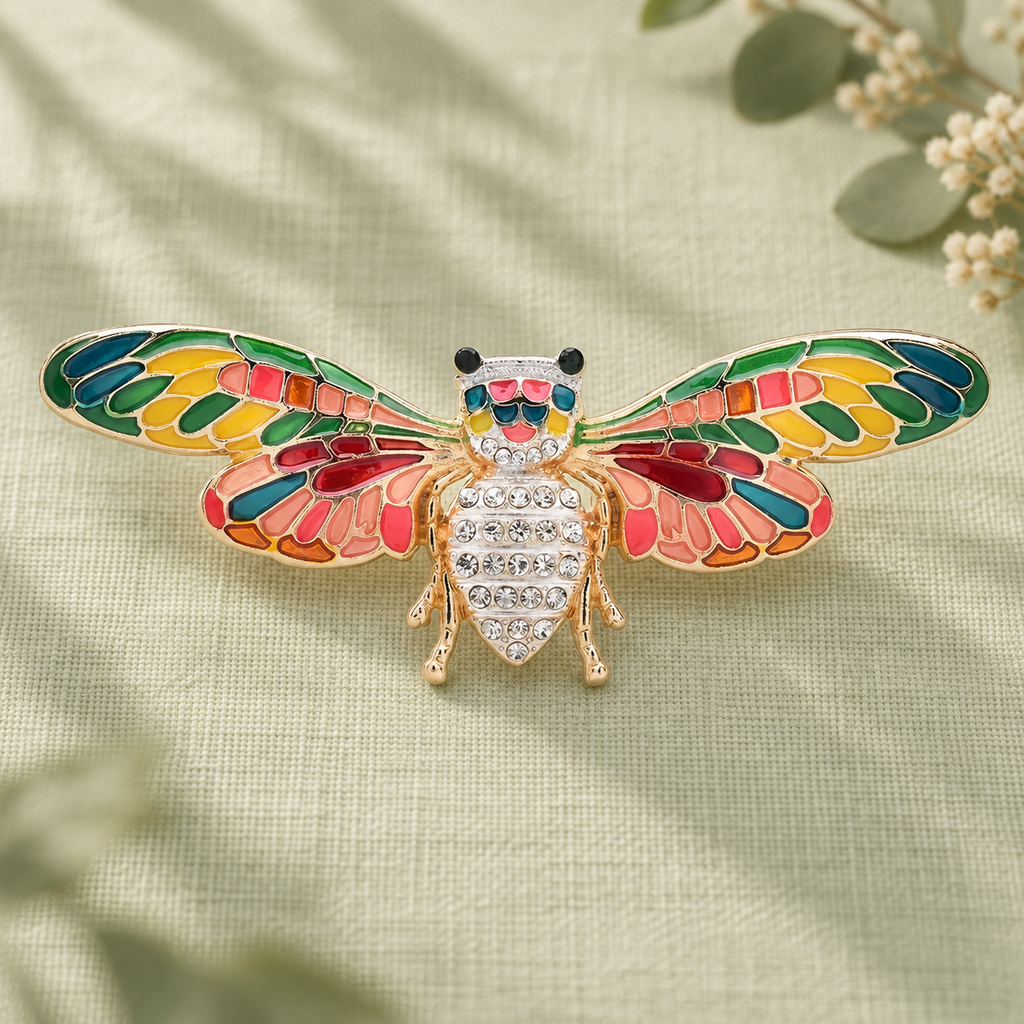 Patterned Enamel Winged Insect Brooch — styled background