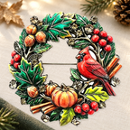 Cardinal and Harvest Wreath Brooch on a complementary display background