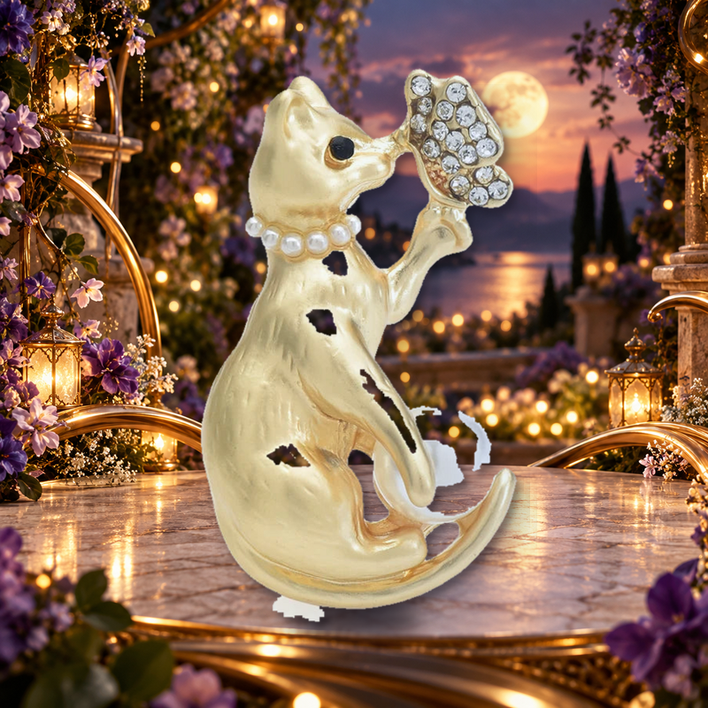Cat Holding Jeweled Butterfly Brooch styled in a thematic scene