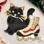 Cat with Ice Skate Brooch on an elegant ivory, deep green and gold background