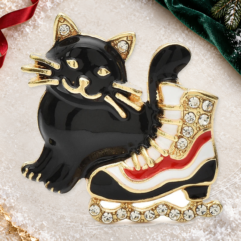 Cat with Ice Skate Brooch on an elegant ivory, deep green and gold background