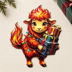 Cheerful Lamb Carrying Gift Boxes Brooch on an ivory festive gift-wrap background