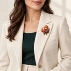 Cheerful Lamb Carrying Gift Boxes Brooch styled on an ivory blazer