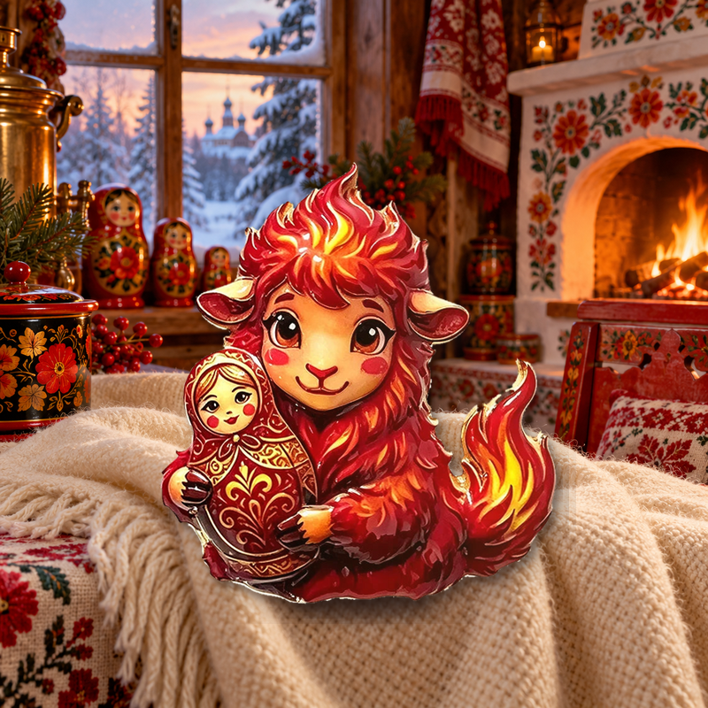 Cheerful Lamb Holding a Matryoshka Brooch styled in a thematic scene