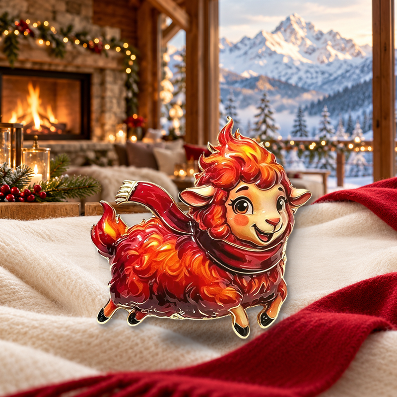 Cheerful Lamb with Winter Scarf Brooch styled in a thematic scene