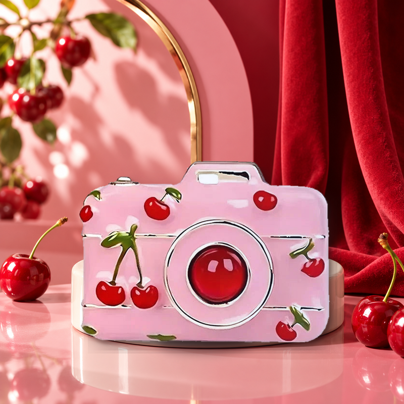 Cherry Print Camera Brooch styled in a thematic scene