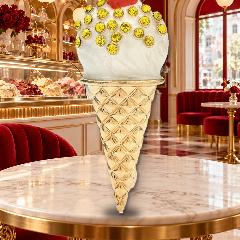 Cherry-Topped Ice Cream Cone Brooch styled in a thematic scene