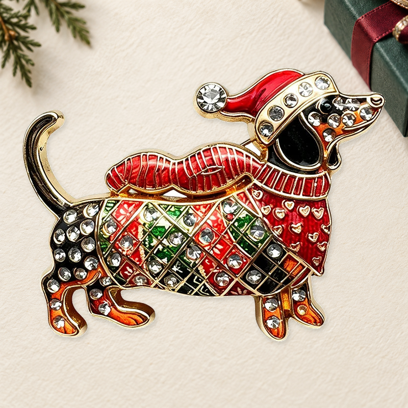 Christmas Dachshund in Festive Sweater Brooch on a complementary display background