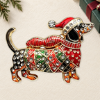 Christmas Dachshund in Festive Sweater Brooch on a complementary display background