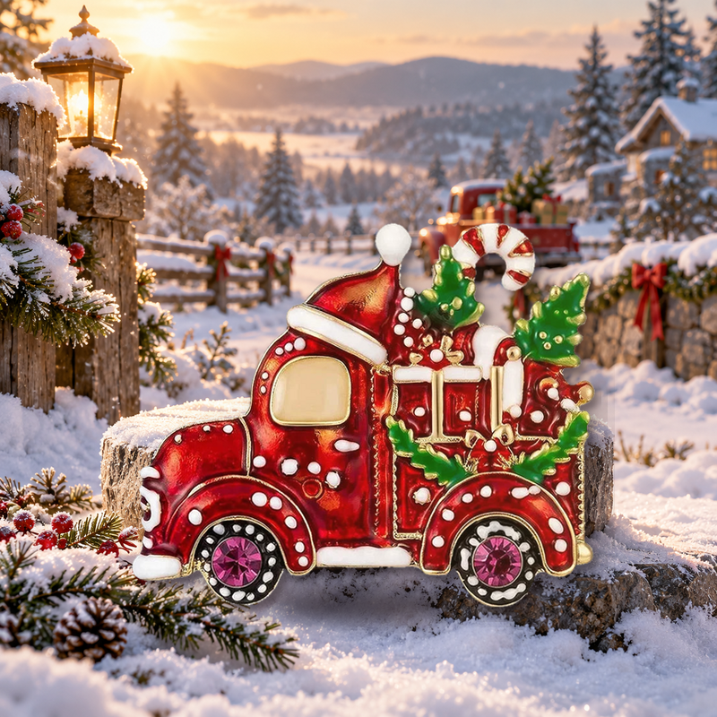Christmas Gift Truck Brooch styled in a thematic scene