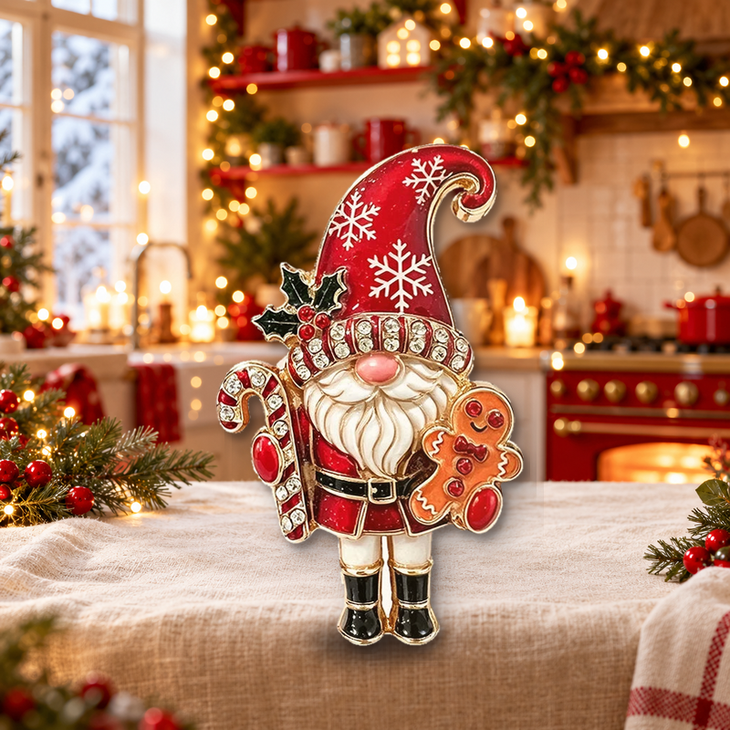 Christmas Gnome with Gingerbread Man Brooch styled in a thematic scene