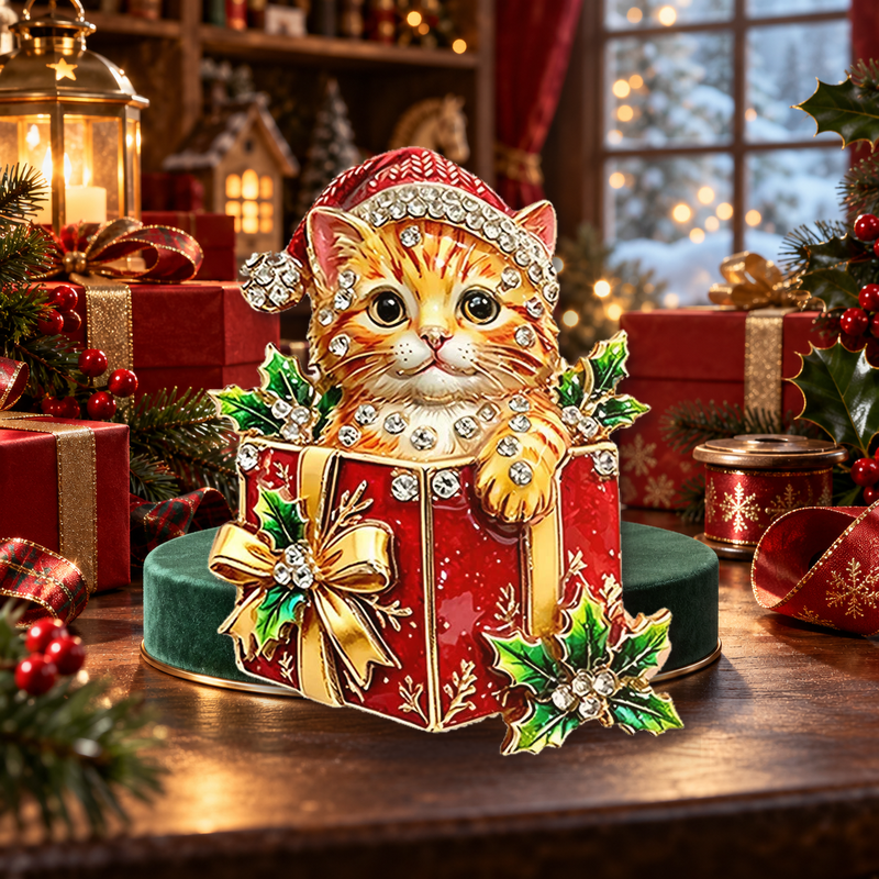 Christmas Kitten in Gift Box Brooch styled in a thematic scene
