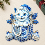 Christmas Kitten in Gift Box Brooch on an ivory themed backdrop