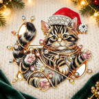Christmas Kitten Tangled in Fairy Lights Brooch styled ivory evergreen and gold background