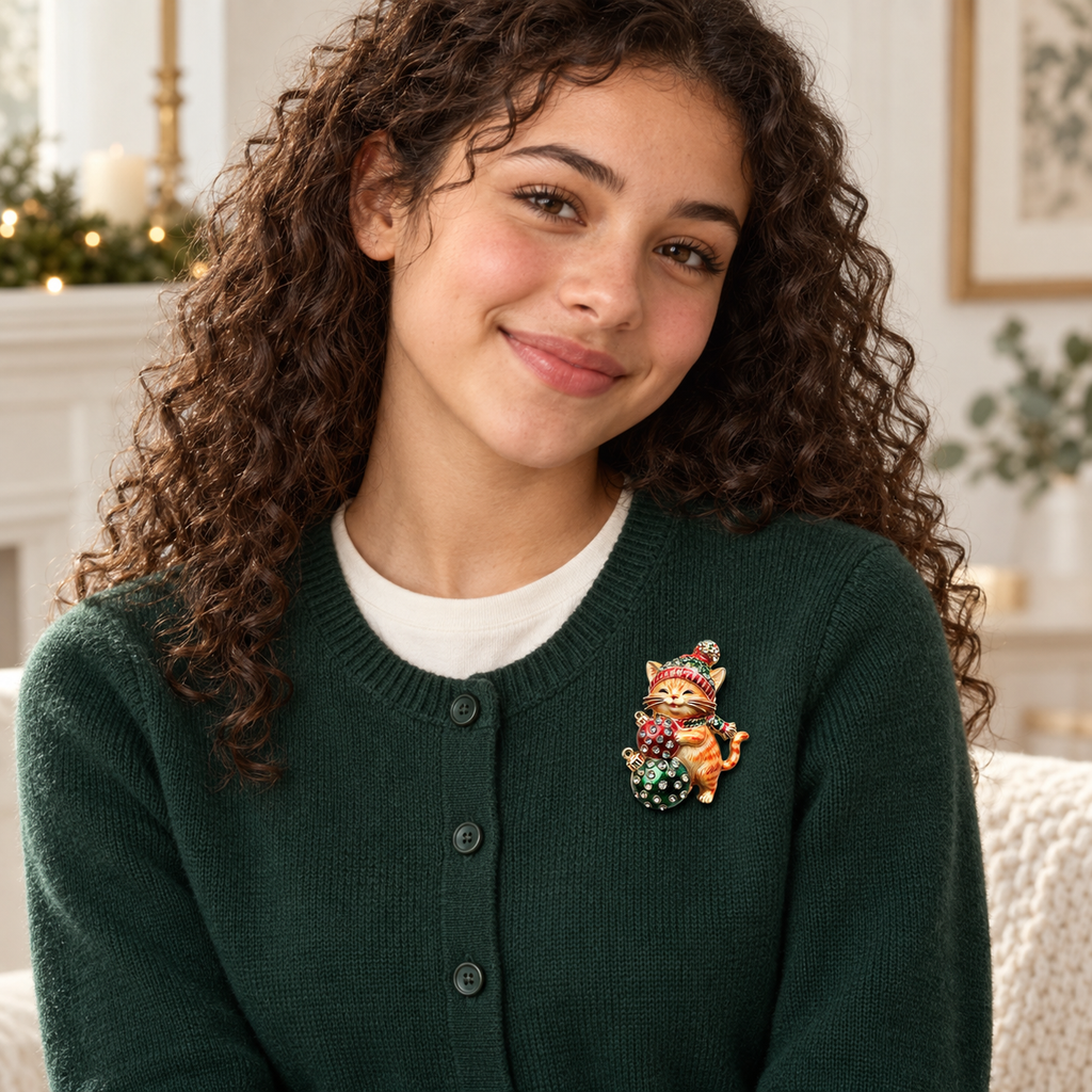 Christmas Kitten with Oversized Baubles Brooch worn at realistic scale on coordinated clothing