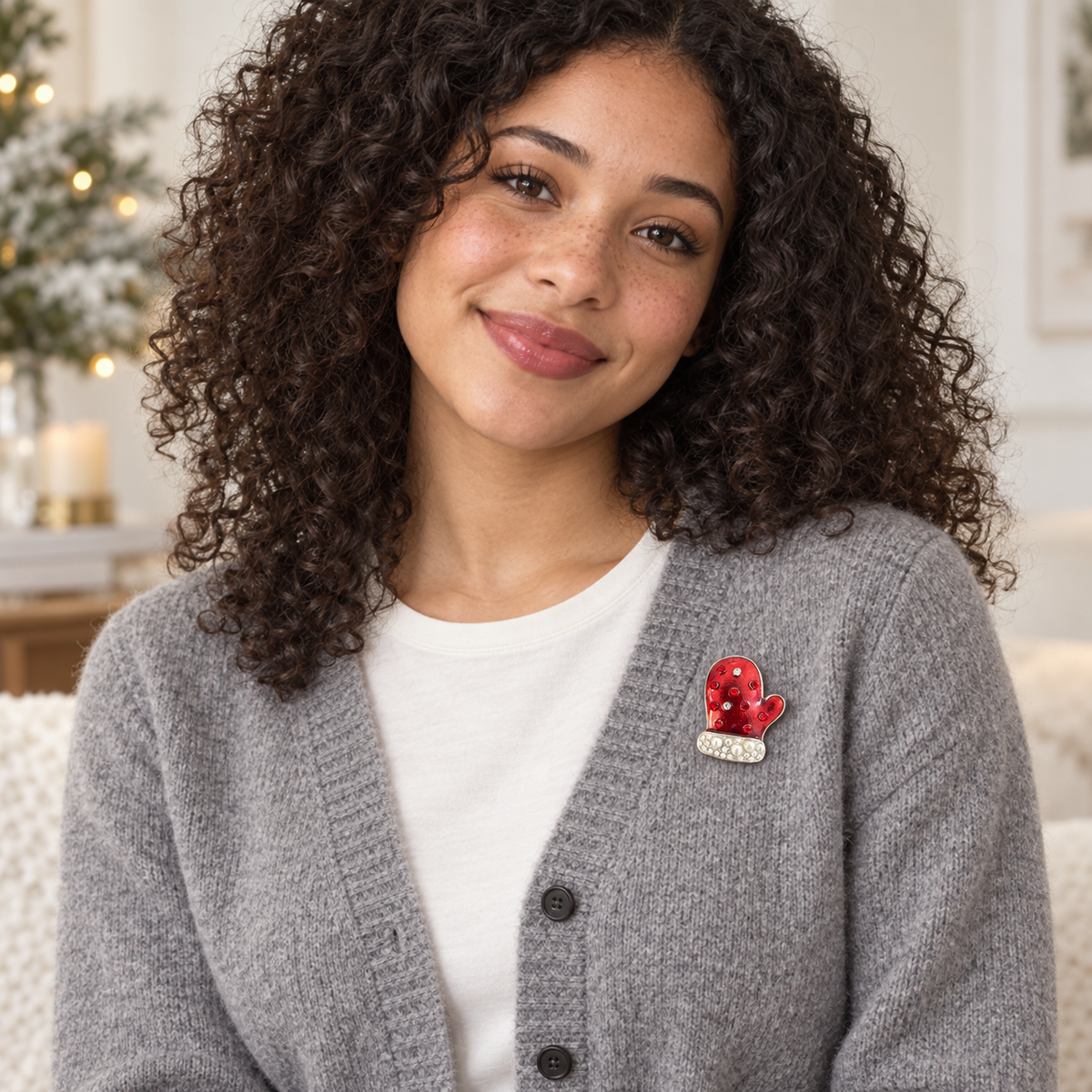 Christmas Mitten with Pearl-Look-Accent Cuff Brooch worn at realistic scale on coordinated clothing