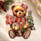 Christmas Teddy Bear with Tree Brooch styled ivory evergreen and gold background