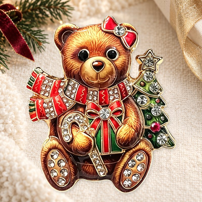 Christmas Teddy Bear with Tree Brooch styled ivory evergreen and gold background