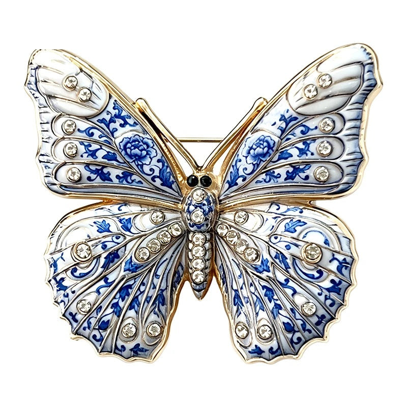 Colorful Enamel Butterfly Brooch — Blue & White