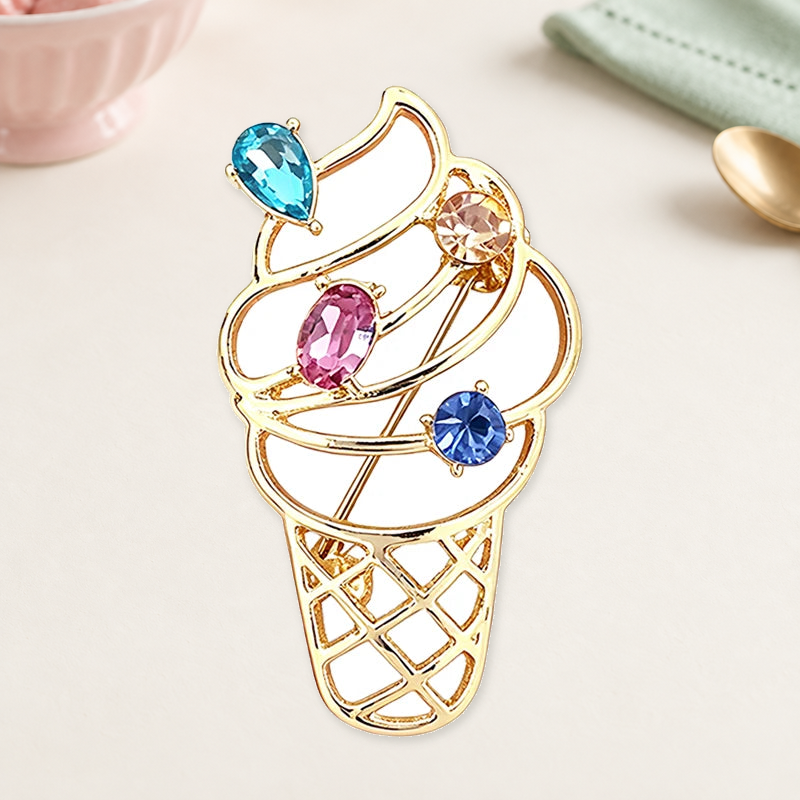 Colorful Sparkle Ice Cream Cone Brooch on an ivory themed backdrop