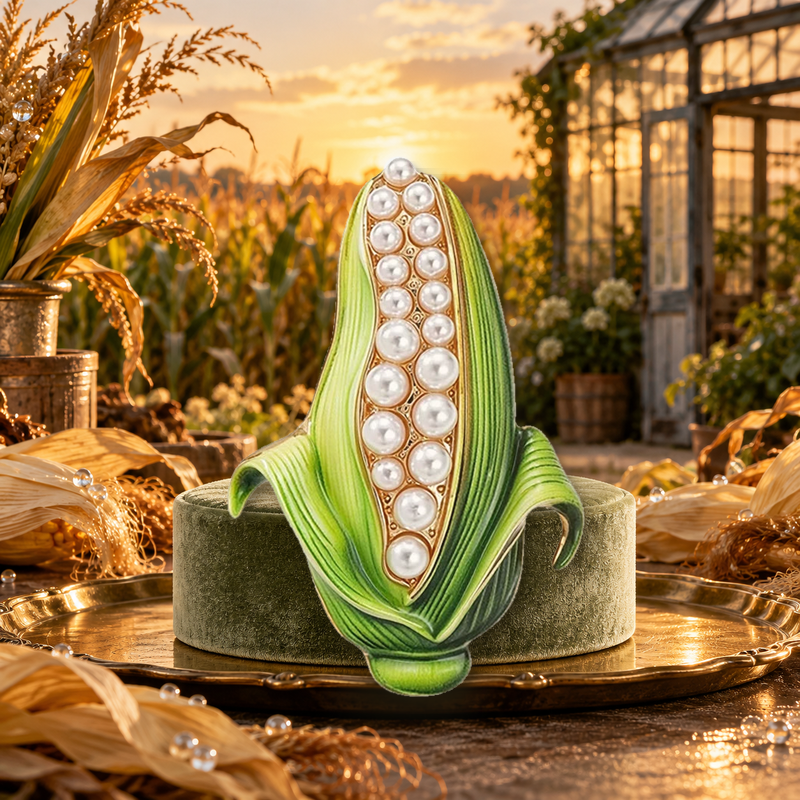 Corn Cob with Pearl-Look-Accent Kernels Brooch styled in a thematic scene