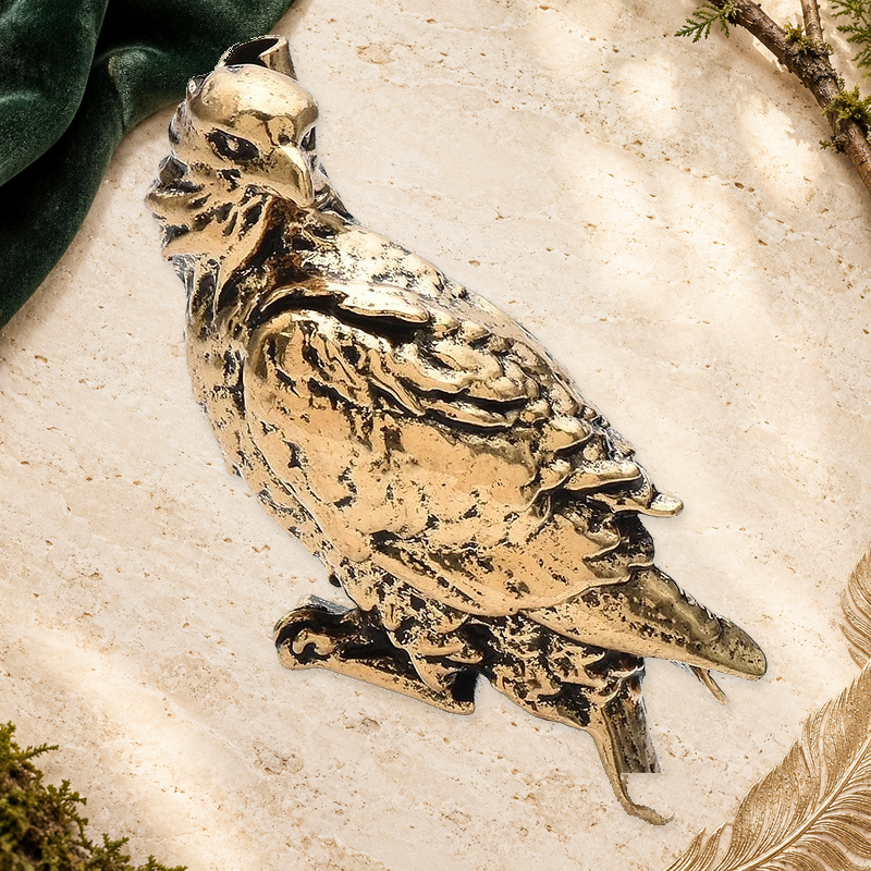 Crested Bird with Textured Feathers Brooch on an elegant ivory, evergreen and gold woodland background