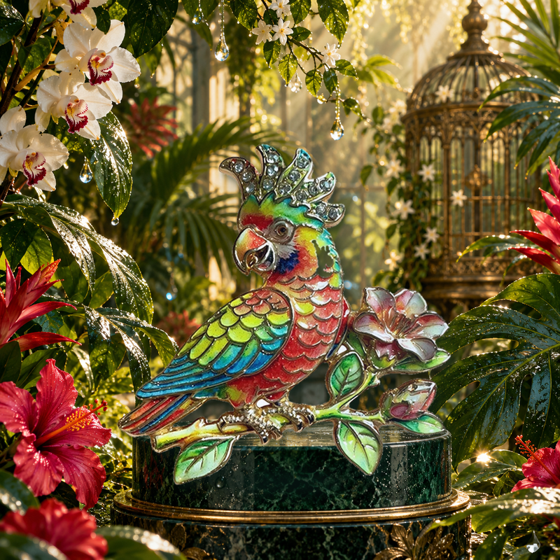 Crested Parrot on Flowering Branch Brooch styled in a thematic scene