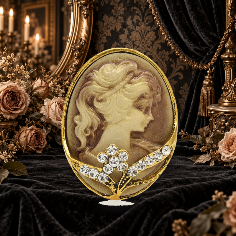 Crystal Floral Cameo Portrait Brooch styled in a thematic scene