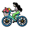 Cycling Lady with Flower Basket Brooch — Blue