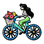 Cycling Lady with Flower Basket Brooch — Blue