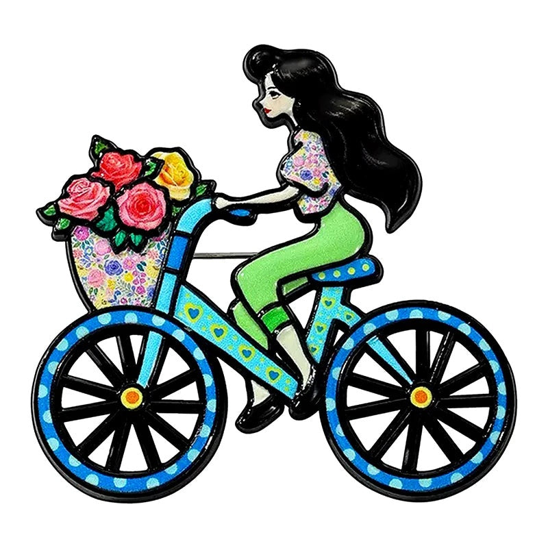 Cycling Lady with Flower Basket Brooch — Blue
